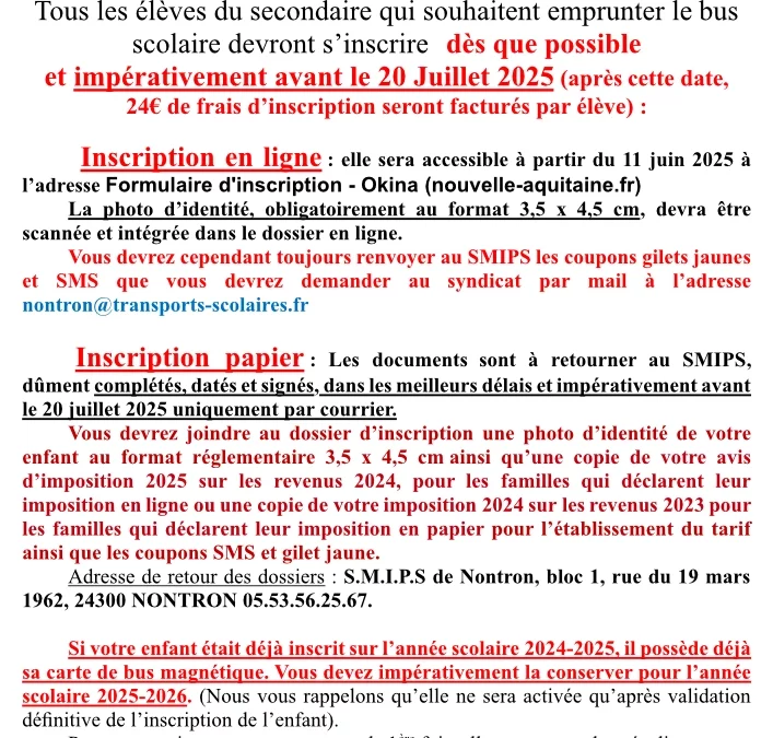 inscription bus scolaire année scolaire 25-26, élèves du secondaire